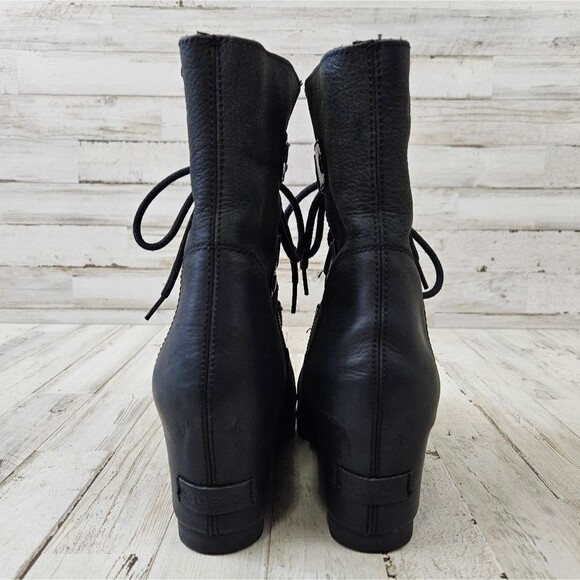 SOREL Joan Of Arctic Leather Wedge Mid Winter Ankle Boots in Black NL1987 - Picture 6 of 11